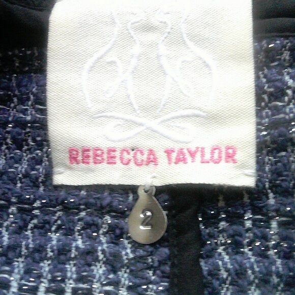 Rebecca Taylor Navy Blue Plaid Silver Lace Fringe Cotton Jacket 2 - Picture 12 of 13